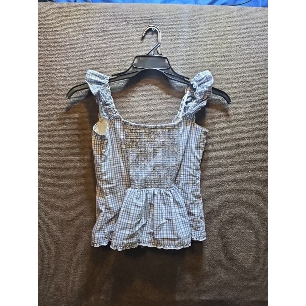 Hollister Blue/White Gingham Square Neck Smocked Puff Sleeve Peplum Blouse M
